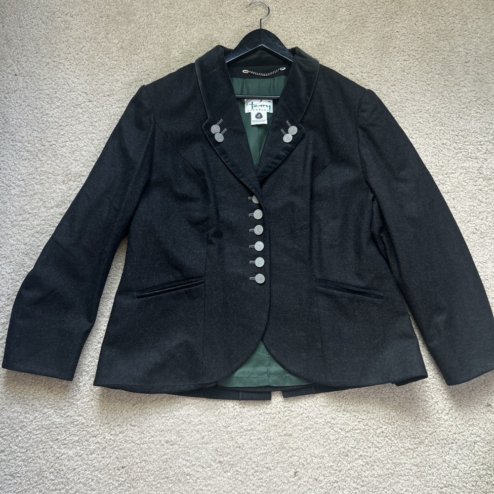 Perry Landhaus VTG Trachten Janker Blazer Jacket Black Velvet Trim Austrian 16